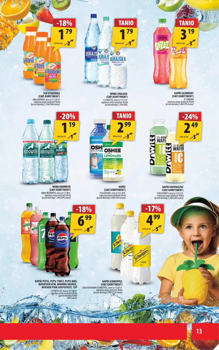 Gazetka promocyjna Arhelan - Gazetka - ważna 12.09 do 21.09.2025 - strona 13 - produkty: 7up, Gin, Gra, Hortex, Inka, Mirinda, Napój, Napój gazowany, Napój izotoniczny, Oshee, Pepsi, Pepsi max, Schweppes, Tymbark, Woda