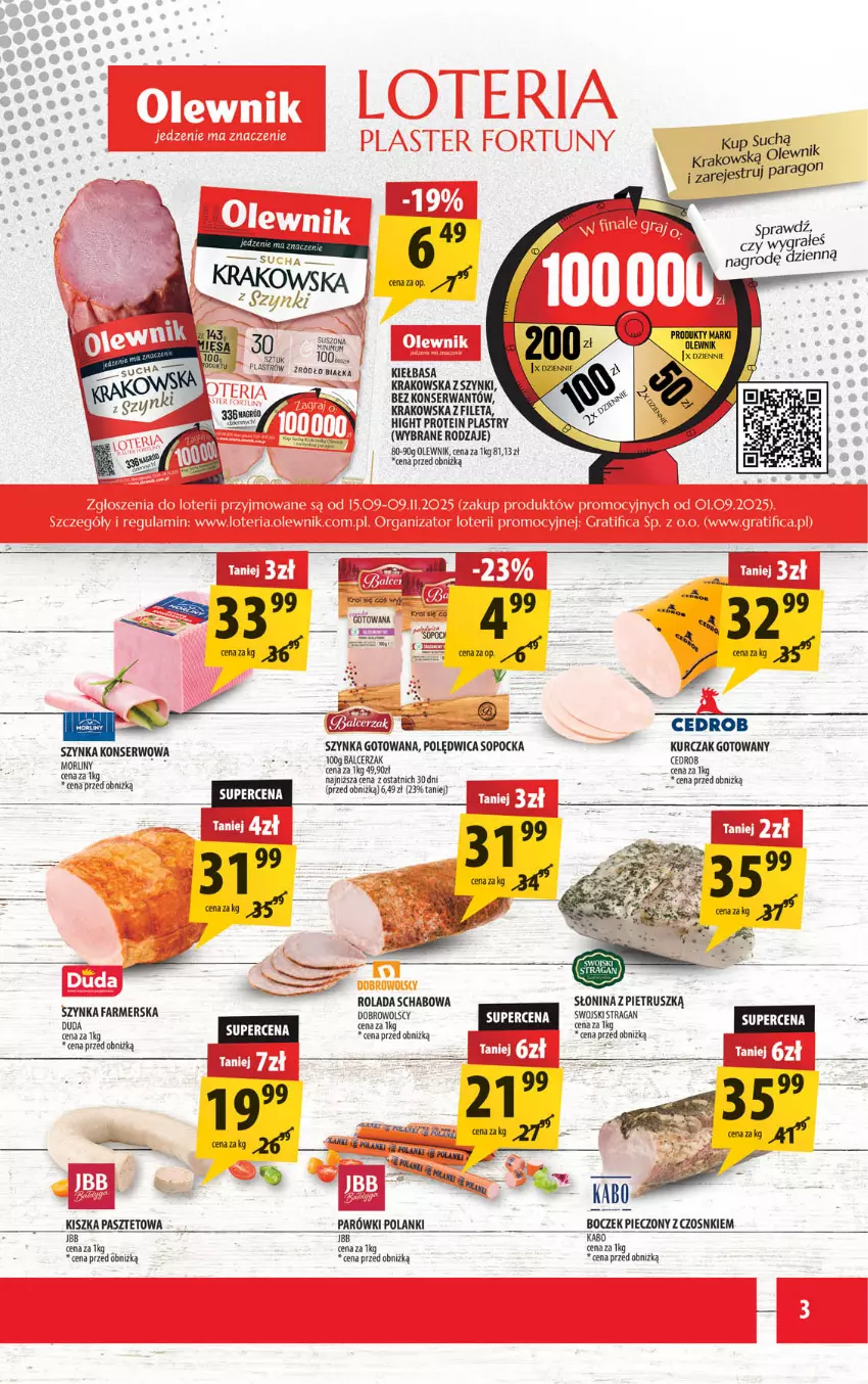 Gazetka promocyjna Arhelan - Gazetka - ważna 12.09 do 21.09.2025 - strona 3 - produkty: Boczek, Boczek pieczony, Duda, Fa, Goal, Kiełbasa, Kiełbasa krakowska, Kurczak, Kurczak gotowany, LANA, Lanki, Morliny, Olewnik, Parówki, Pasztet, Piec, Polędwica, Ser, Szynka, Szynka farmerska, Szynka konserwowa