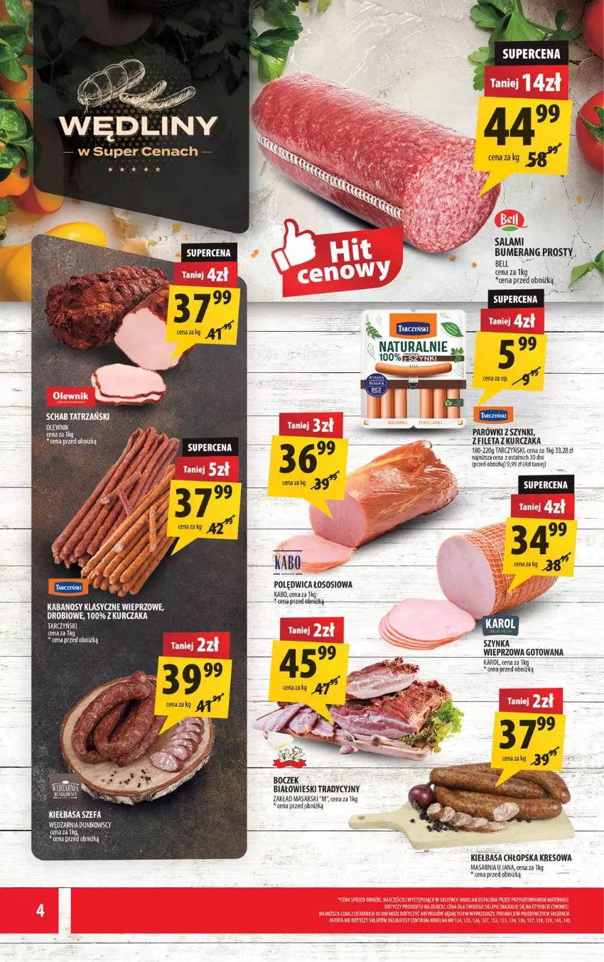 Gazetka promocyjna Arhelan - Gazetka - ważna 12.09 do 21.09.2025 - strona 4 - produkty: Bell, Boczek, Bumerang, Fa, Kabanos, Kiełbasa, Kurczak, Parówki, Parówki z szynki, Polędwica, Salami, Sos, Szynka, Szynka wieprzowa, Tarczyński