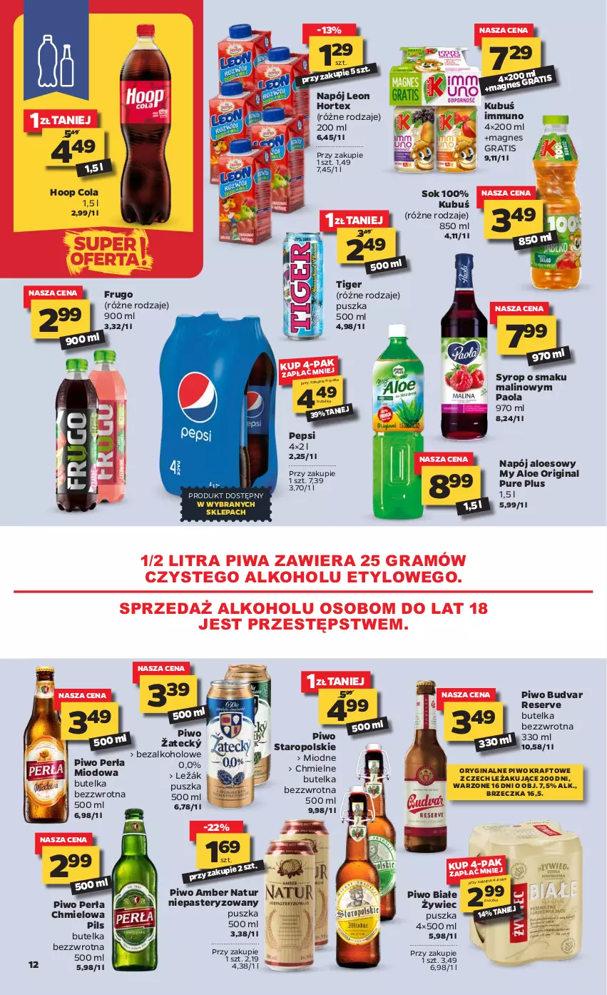 Gazetka promocyjna Netto - Gazetka spożywcza - ważna 06.04 do 10.04.2021 - strona 12 - produkty: Gin, Gra, Hoop, Hortex, Kubuś, Leon, Napój, Paola, Pepsi, Perła, Piwa, Piwo, Pur, Ser, Sok, Syrop, Tiger