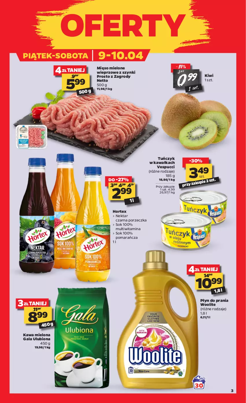 Gazetka promocyjna Netto - Gazetka spożywcza - ważna 06.04 do 10.04.2021 - strona 3 - produkty: Gala, Hortex, Kawa, Kawa mielona, Kiwi, Mięso, Mięso mielone, Nektar, Płyn do prania, Por, Sok, Tuńczyk, Woolite