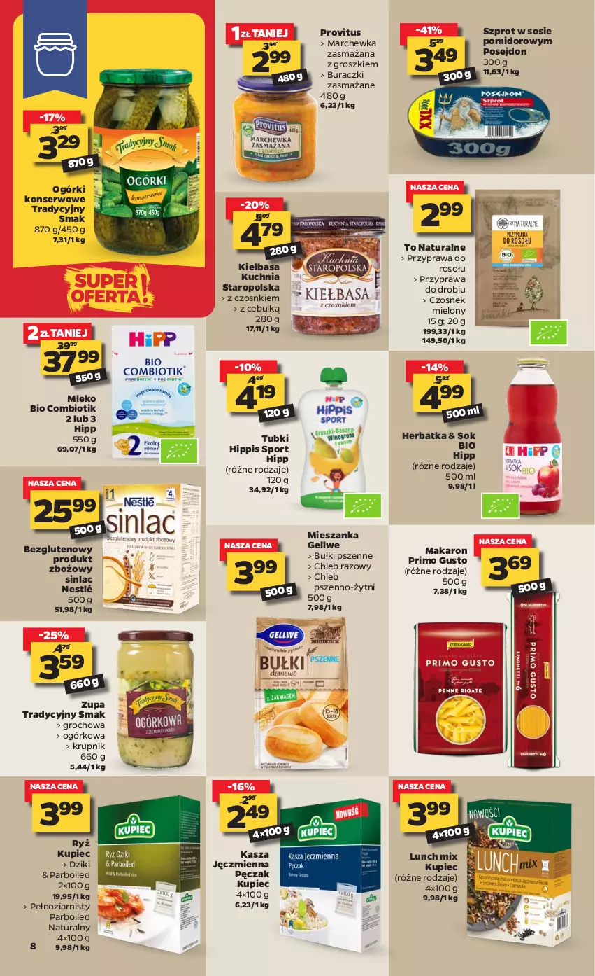 Gazetka promocyjna Netto - Gazetka spożywcza - ważna 06.04 do 10.04.2021 - strona 8 - produkty: Buraczki, Chleb, Czosnek, Groch, HiPP, Kasza, Kasza jęczmienna, Kiełbasa, Krupnik, Kuchnia, Kuchnia Staropolska, Kupiec, Makaron, Marchewka, Mleko, Nestlé, Ogórki konserwowe, Piec, Por, Przyprawa do rosołu, Ryż, Ser, Sinlac, Sok, Sos, Sport, Szprot, Szprot w sosie, Zupa