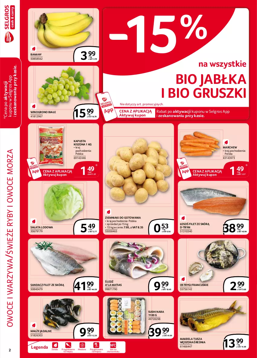 Gazetka promocyjna Selgros - Extra Oferta - ważna 01.02 do 28.02.2021 - strona 2 - produkty: Banany, Gruszki, Jabłka, LG, Małże, Ostrygi, Owoce, Owoce morza, Ryby i owoce morza, Sałat, Sałata lodowa, Sandacz, Sandacz filet, Sok, Sushi, Tusz, Warzywa, Wino, Ziemniaki