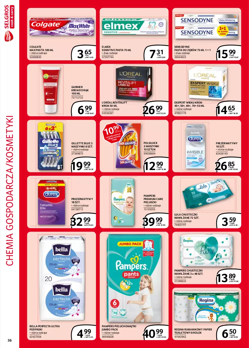 Gazetka promocyjna Selgros - Extra Oferta - ważna 01.02 do 28.02.2021 - strona 36 - produkty: Bell, Bella, Chusteczki, Colgate, Elmex, Garnier, Gillette, Gin, Krem do rąk, LG, Majtki, Pampers, Papier, Papier toaletowy, Pasta do zębów, Perfecta, Pieluchomajtki, Podpaski, Prezerwatyw, Rum, Sensodyne