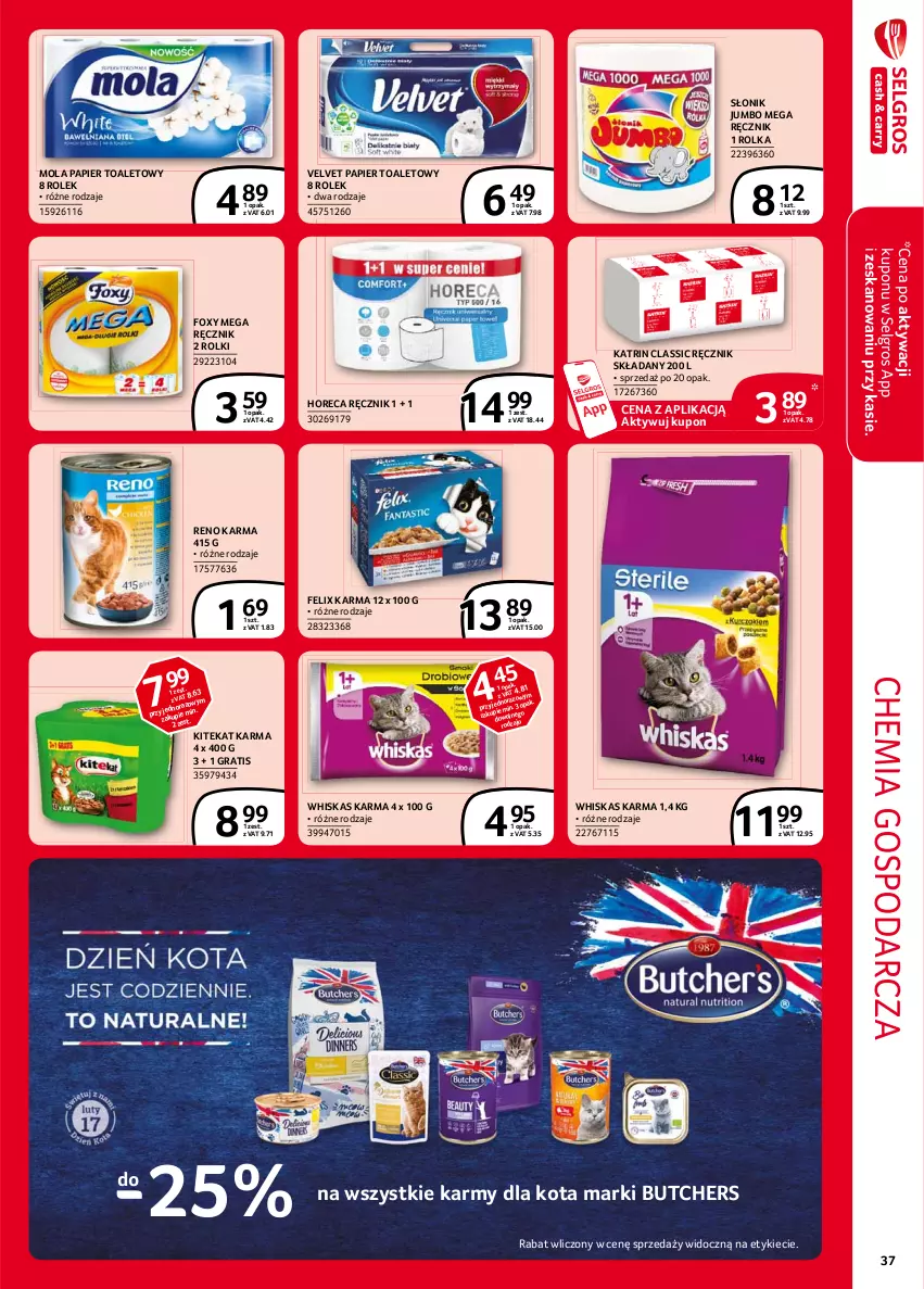 Gazetka promocyjna Selgros - Extra Oferta - ważna 01.02 do 28.02.2021 - strona 37 - produkty: Felix, Foxy, Gra, KiteKat, LG, Mola, Papier, Papier toaletowy, Ręcznik, Rolki, Velvet, Whiskas