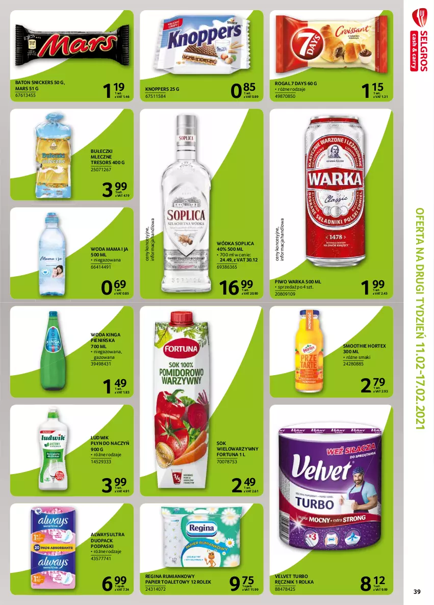 Gazetka promocyjna Selgros - Extra Oferta - ważna 01.02 do 28.02.2021 - strona 39 - produkty: 7 Days, Always, Always Ultra, Baton, Bułeczki, Bułeczki mleczne, Fortuna, Gin, Hortex, Knoppers, Ludwik, Mars, Papier, Papier toaletowy, Piwo, Podpaski, Ręcznik, Rogal, Rum, Smoothie, Snickers, Sok, Soplica, Velvet, Warka, Woda, Wódka