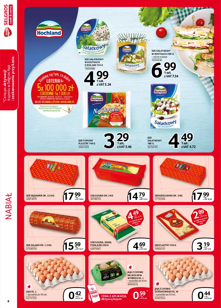 Gazetka promocyjna Selgros - Extra Oferta - ważna 01.02 do 28.02.2021 - strona 8 - produkty: Edam, Gouda, Jaja, Królewski, LG, Podlaski, Salami, Sałat, Sejdamer, Ser, Ser salami, Ser topiony, Top