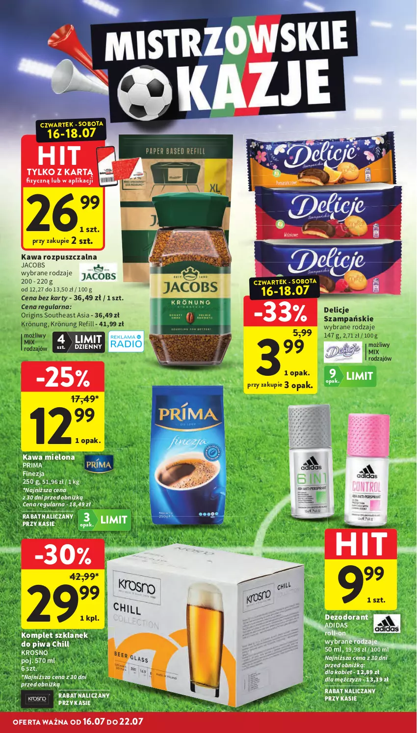 Gazetka promocyjna Intermarche - Gazetka Intermarche - ważna 16.07 do 22.07.2026 - strona 12 - produkty: Adidas, Delicje, Dezodorant, Gin, Jacobs, Kawa, Kawa mielona, Kawa rozpuszczalna, Piwa, Prima