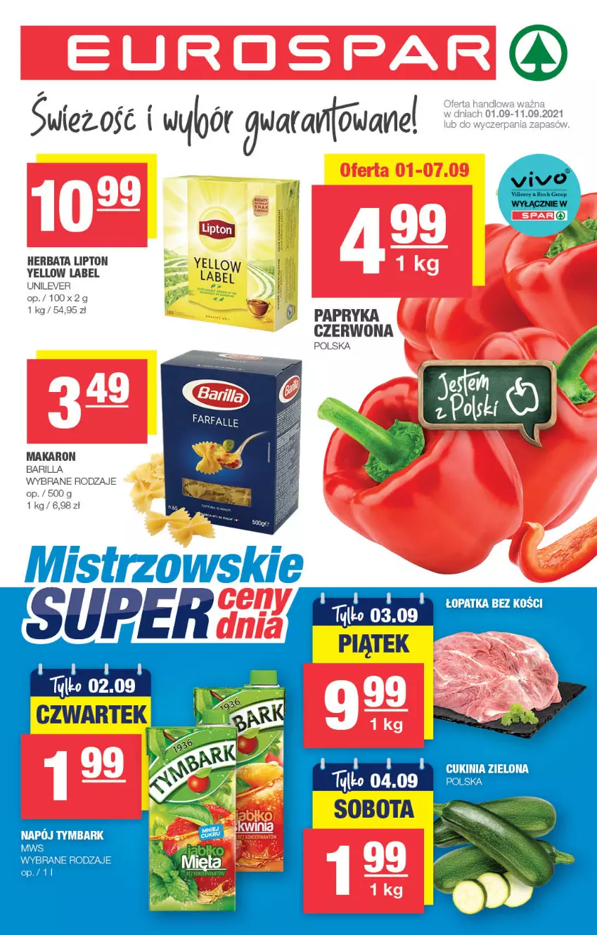 Gazetka promocyjna Spar - Spar - ważna 01.09 do 07.09.2021 - strona 1 - produkty: Barilla, Herbata, Lipton, Makaron, Papryka, Papryka czerwona, Tymbark