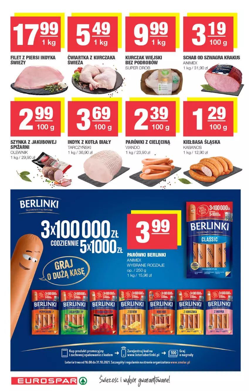 Gazetka promocyjna Spar - Spar - ważna 01.09 do 07.09.2021 - strona 10 - produkty: Berlinki, Filet z piersi indyka, Gra, Kabanos, Kiełbasa, Krakus, Kurczak, Mola, Olewnik, Parówki, Ser, Szynka, Tarczyński