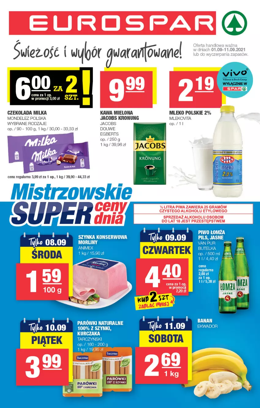 Gazetka promocyjna Spar - Spar - ważna 01.09 do 07.09.2021 - strona 5 - produkty: Czekolada, Gra, Jacobs, Kawa, Kawa mielona, Kurczak, Milka, Mleko, Mlekovita, Parówki, Piwa