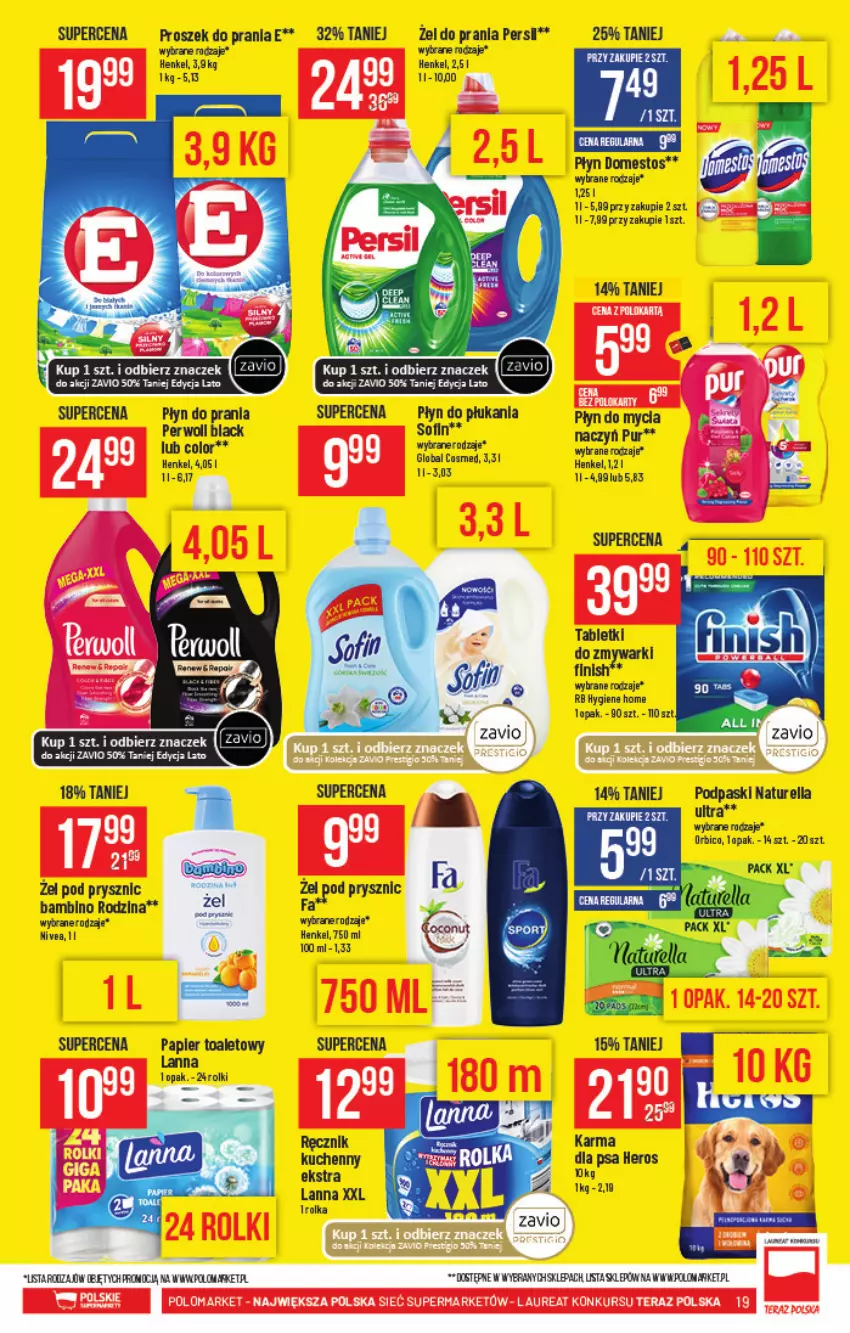 Gazetka promocyjna PoloMarket - Gazetka pomocyjna - ważna 04.08 do 10.08.2021 - strona 19 - produkty: BIC, Domestos, Fa, Finish, Lack, Naturell, Naturella, Papier, Papier toaletowy, Perwoll, Płyn do mycia, Płyn do płukania, Płyn do prania, Podpaski, Por, Proszek do prania, Pur, Tablet, Tabletki do zmywarki, Tran, Zmywarki