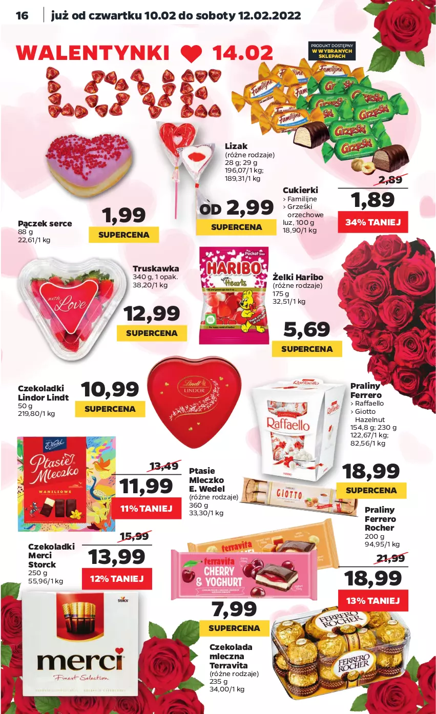 Gazetka promocyjna Netto - Gazetka spożywcza - ważna 07.02 do 12.02.2022 - strona 16 - produkty: Cukier, Cukierki, Czekolada, Czekolada mleczna, E. Wedel, Fa, Ferrero, Ferrero Rocher, Grześki, Haribo, Lindor, Lindt, Merci, Mleczko, Pączek, Praliny, Ptasie mleczko, Raffaello, Ser