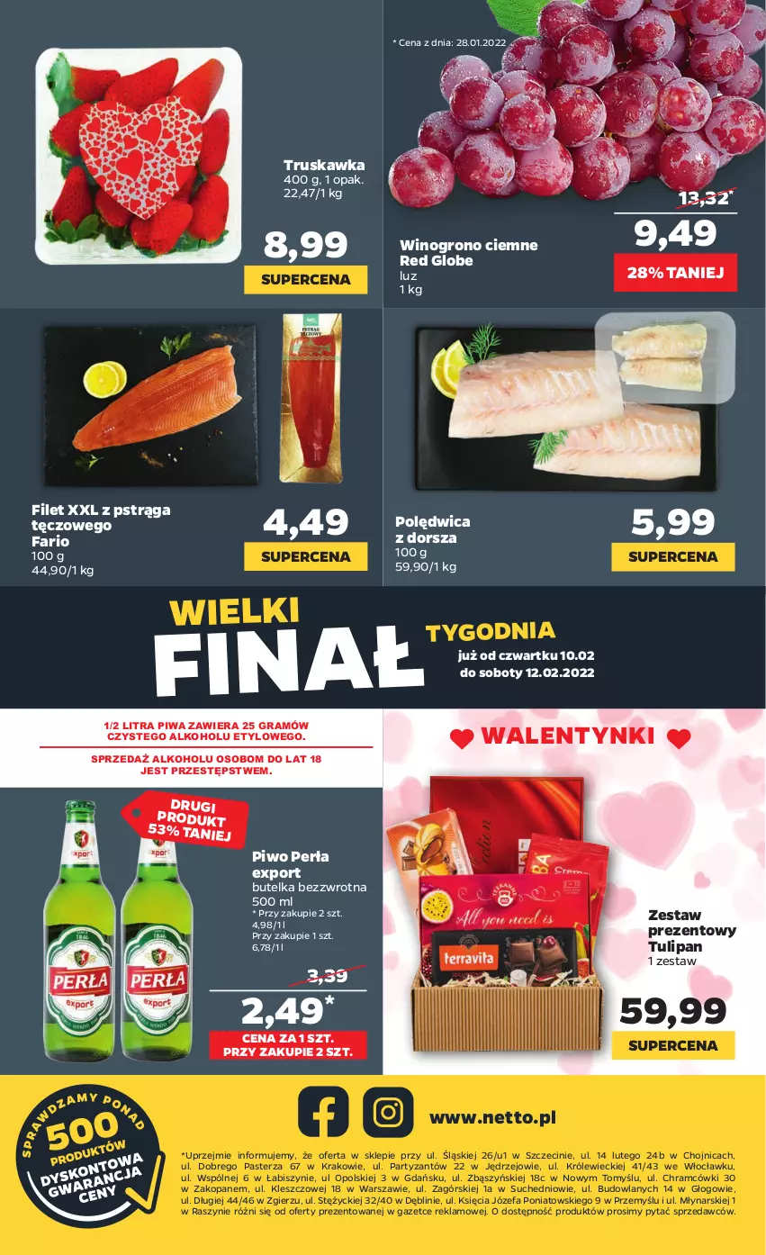 Gazetka promocyjna Netto - Gazetka spożywcza - ważna 07.02 do 12.02.2022 - strona 18 - produkty: Dorsz, Fa, Gra, Perła, Piwa, Piwo, Polędwica, Por, Pstrąg, Tulipan, Wino, Zestaw prezentowy