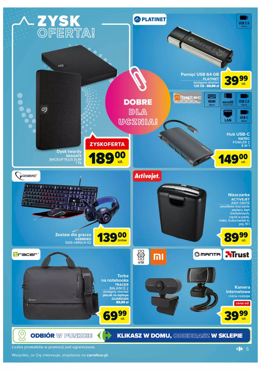 Gazetka promocyjna Carrefour - Gazetka Multimedia w domu i pracy - ważna 16.08 do 03.09.2022 - strona 5 - produkty: Acer, Gra, Kamera, Kamera internetowa, Notebook, Papier, PLATINET, Plecak, Top