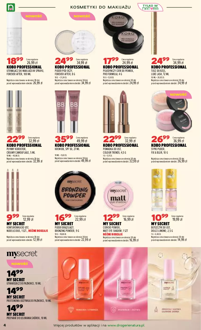 Gazetka promocyjna Drogerie Natura - Gazetka Drogerie Natura - ważna 06.08 do 24.08.2026 - strona 4 - produkty: Błyszczyk do ust, Cień, KOBO, Konturówka do ust, Krem bb, Makijaż, Odżywka, Puder, Tusz