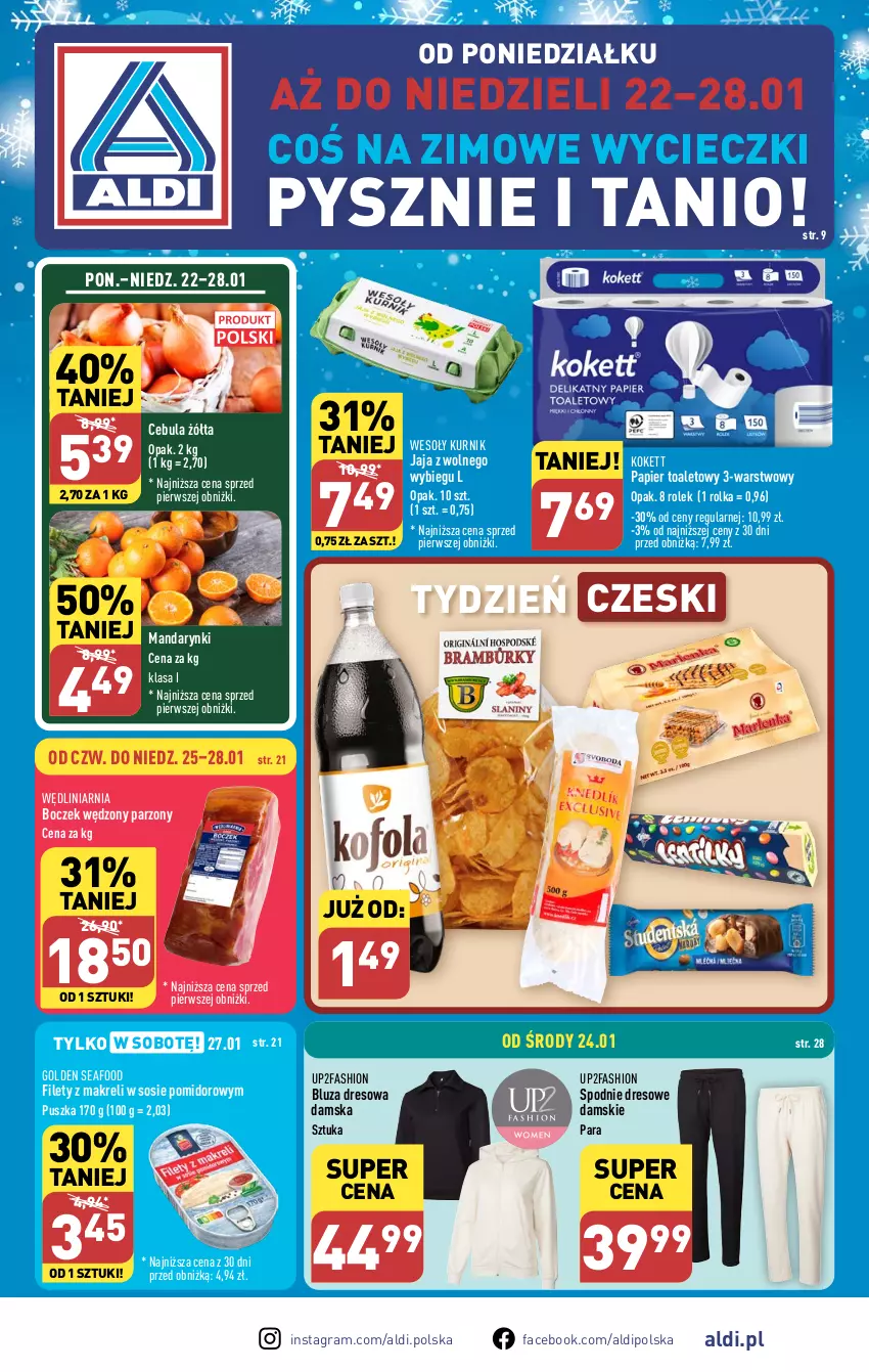 Gazetka promocyjna Aldi - Pełna oferta - ważna 22.01 do 28.01.2024 - strona 1 - produkty: Bluza, Bluza dresowa, Boczek, Cebula, Dres, Fa, Golden Seafood, Gra, Jaja, Jaja z wolnego wybiegu, Mandarynki, Papier, Papier toaletowy, Sos, Spodnie, Spodnie dresowe