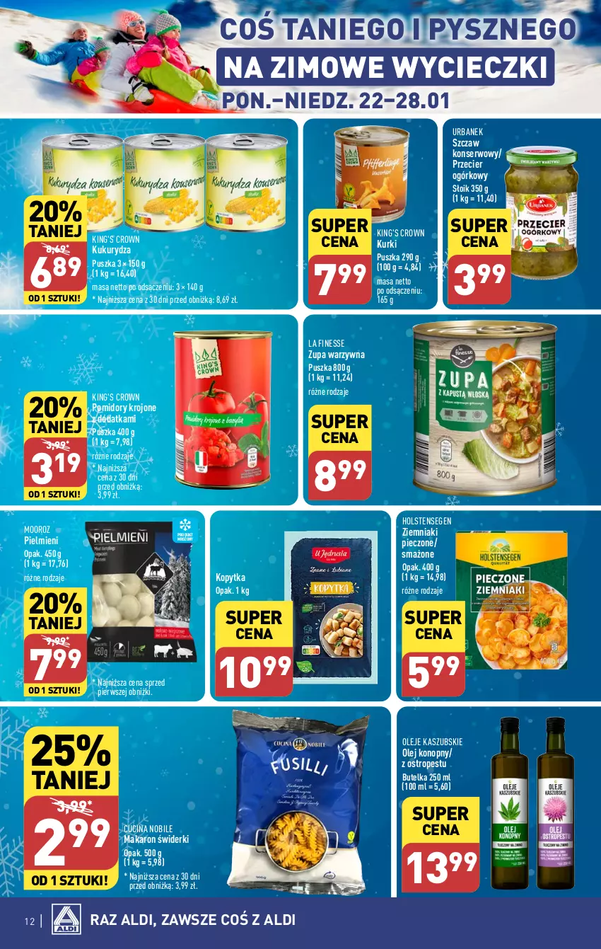 Gazetka promocyjna Aldi - Pełna oferta - ważna 22.01 do 28.01.2024 - strona 12 - produkty: Kopytka, Kukurydza, Makaron, Olej, Ostropes, Piec, Pomidory, Pomidory krojone, Ser, Ziemniaki, Zupa