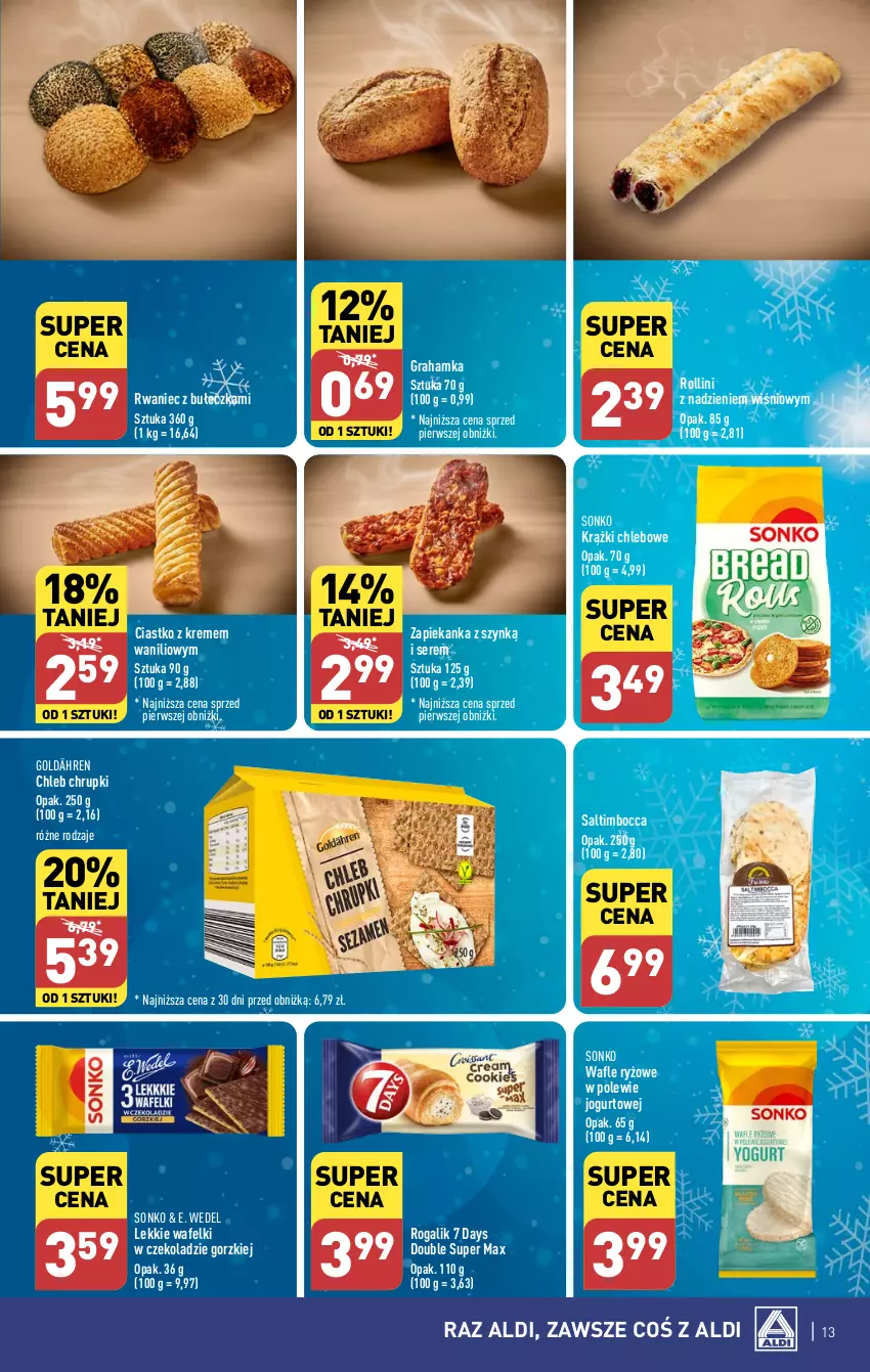 Gazetka promocyjna Aldi - Pełna oferta - ważna 22.01 do 28.01.2024 - strona 13 - produkty: 7 Days, Chleb, Chrupki, E. Wedel, Gra, Jogurt, Rogal, Ryż, Ser, Sonko, Wafle, Zapiekanka