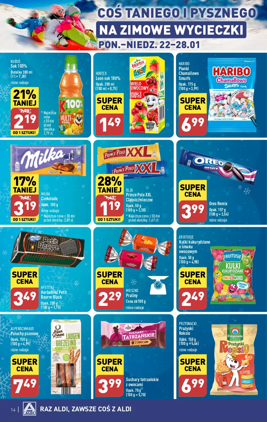 Gazetka promocyjna Aldi - Pełna oferta - ważna 22.01 do 28.01.2024 - strona 14 - produkty: Czekolada, Hama, Haribo, Herbatniki, Herbatniki Petit Beurre, Hortex, Kubuś, Lack, Leon, Milka, Oreo, Praliny, Prince Polo, Przysnacki, Sok