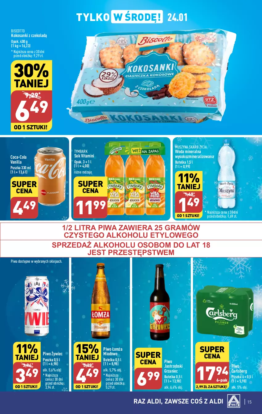 Gazetka promocyjna Aldi - Pełna oferta - ważna 22.01 do 28.01.2024 - strona 15 - produkty: Carlsberg, Coca-Cola, Gra, Kokos, Mus, Piwa, Piwo, Sanki, Sok, Szyna, Tymbark, Woda, Woda mineralna