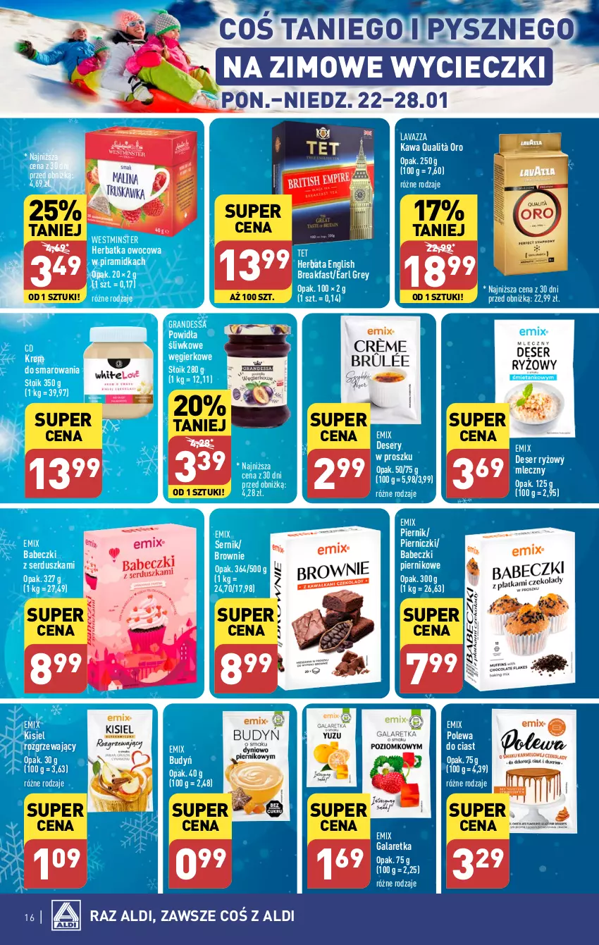 Gazetka promocyjna Aldi - Pełna oferta - ważna 22.01 do 28.01.2024 - strona 16 - produkty: Babeczki, Brownie, Budyń, Deser, Earl Grey, Fa, Gala, Galaretka, Gra, Herbata, Kawa, Kisiel, Lavazza, Piernik, Ryż, Ser