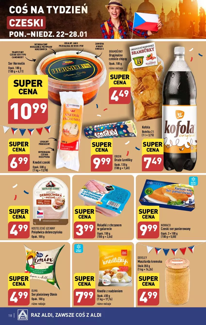 Gazetka promocyjna Aldi - Pełna oferta - ważna 22.01 do 28.01.2024 - strona 18 - produkty: Camembert, Chipsy, Chrzan, Gala, Gin, Knedle, Mus, Musztarda, Olma, Omega-3, Polędwica, Ser, Ser pleśniowy