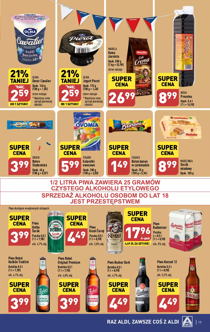 Gazetka promocyjna Aldi - Pełna oferta - ważna 22.01 do 28.01.2024 - strona 19 - produkty: Baton, Deser, Gala, Galaretki, Gin, Gra, Jogurt, Kawa, Kawa ziarnista, Kozel, Olma, Piwa, Piwo, Ser