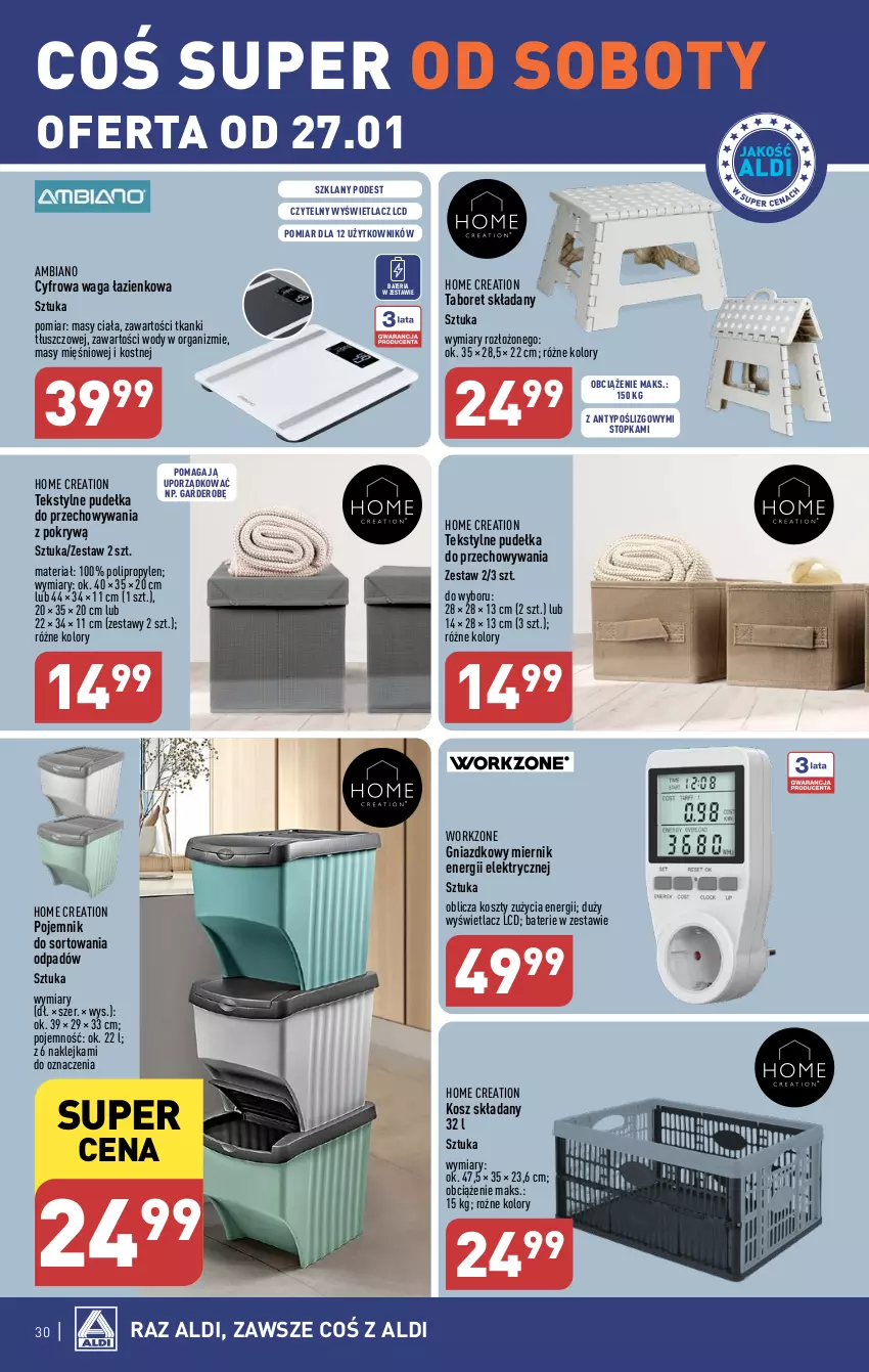 Gazetka promocyjna Aldi - Pełna oferta - ważna 22.01 do 28.01.2024 - strona 30 - produkty: Bateria, Klej, Kosz, Pojemnik, Por, Taboret, Taboret składany, Top, Waga, Waga łazienkowa