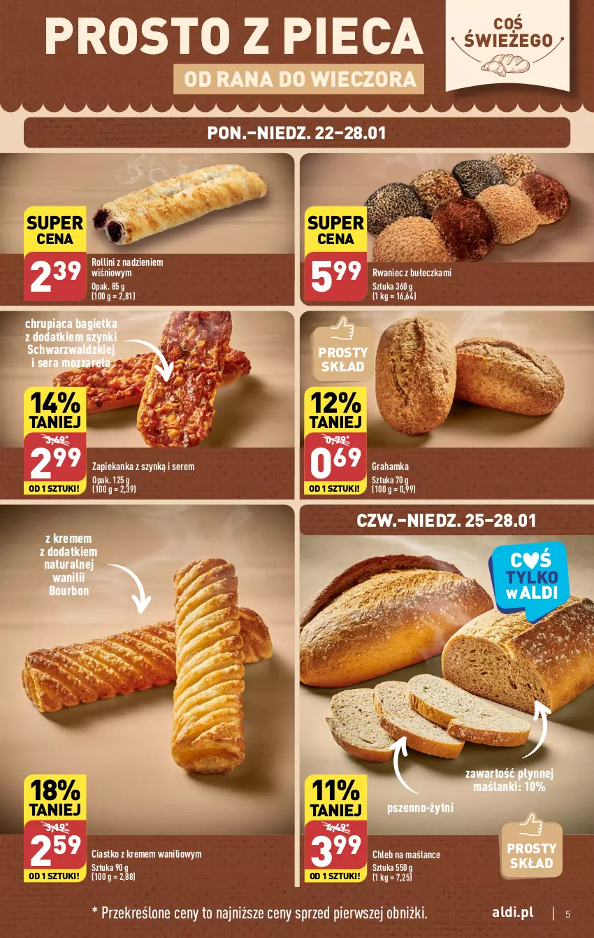 Gazetka promocyjna Aldi - Pełna oferta - ważna 22.01 do 28.01.2024 - strona 5 - produkty: Bagietka, Bourbon, Chleb, Gra, Lanki, Piec, Ser, Zapiekanka