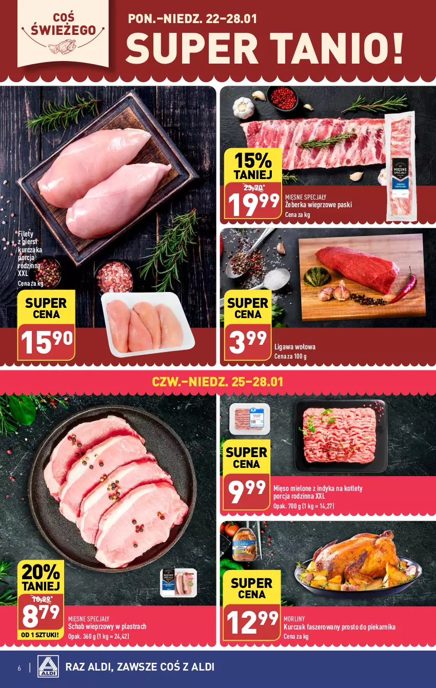 Gazetka promocyjna Aldi - Pełna oferta - ważna 22.01 do 28.01.2024 - strona 6 - produkty: Fa, Kotlet, Kurczak, Mięsne specjały, Mięso, Mięso mielone, Morliny, Piekarnik, Por, Schab wieprzowy