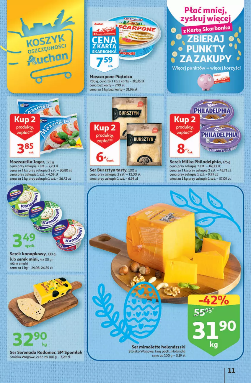 Gazetka promocyjna Auchan - Gazetka Wielkanoc w dobrym smaku Hipermarket Auchan - ważna 23.03 do 29.03.2023 - strona 11 - produkty: Mascarpone, Milka, Mimolette, Mozzarella, Philadelphia, Piątnica, Radamer, Ser, Serek, Serek kanapkowy