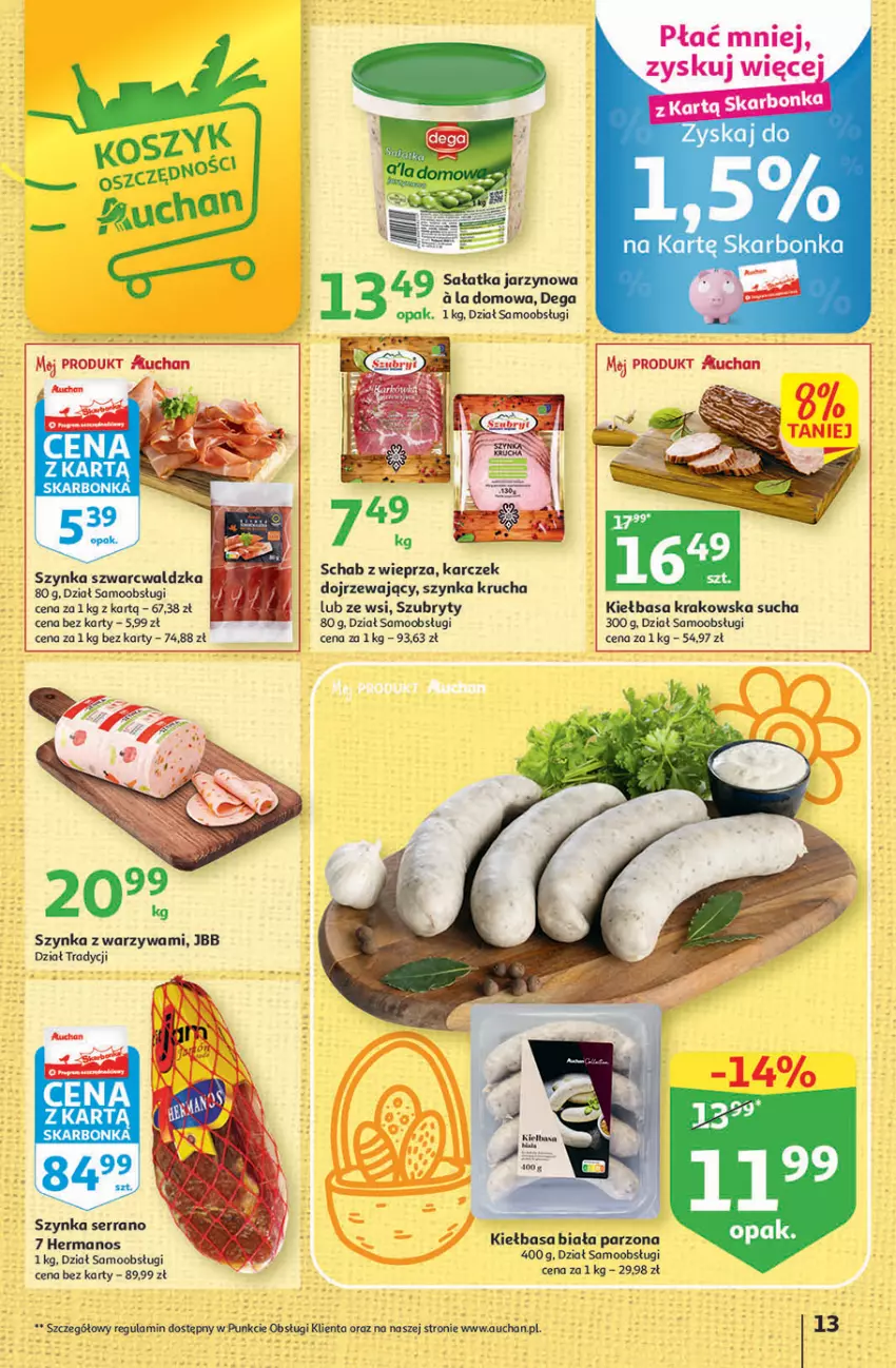 Gazetka promocyjna Auchan - Gazetka Wielkanoc w dobrym smaku Hipermarket Auchan - ważna 23.03 do 29.03.2023 - strona 13 - produkty: Dega, Fa, Kiełbasa, Kiełbasa biała, Kiełbasa krakowska, Sałat, Sałatka, Ser, Szubryt, Szynka, Warzywa