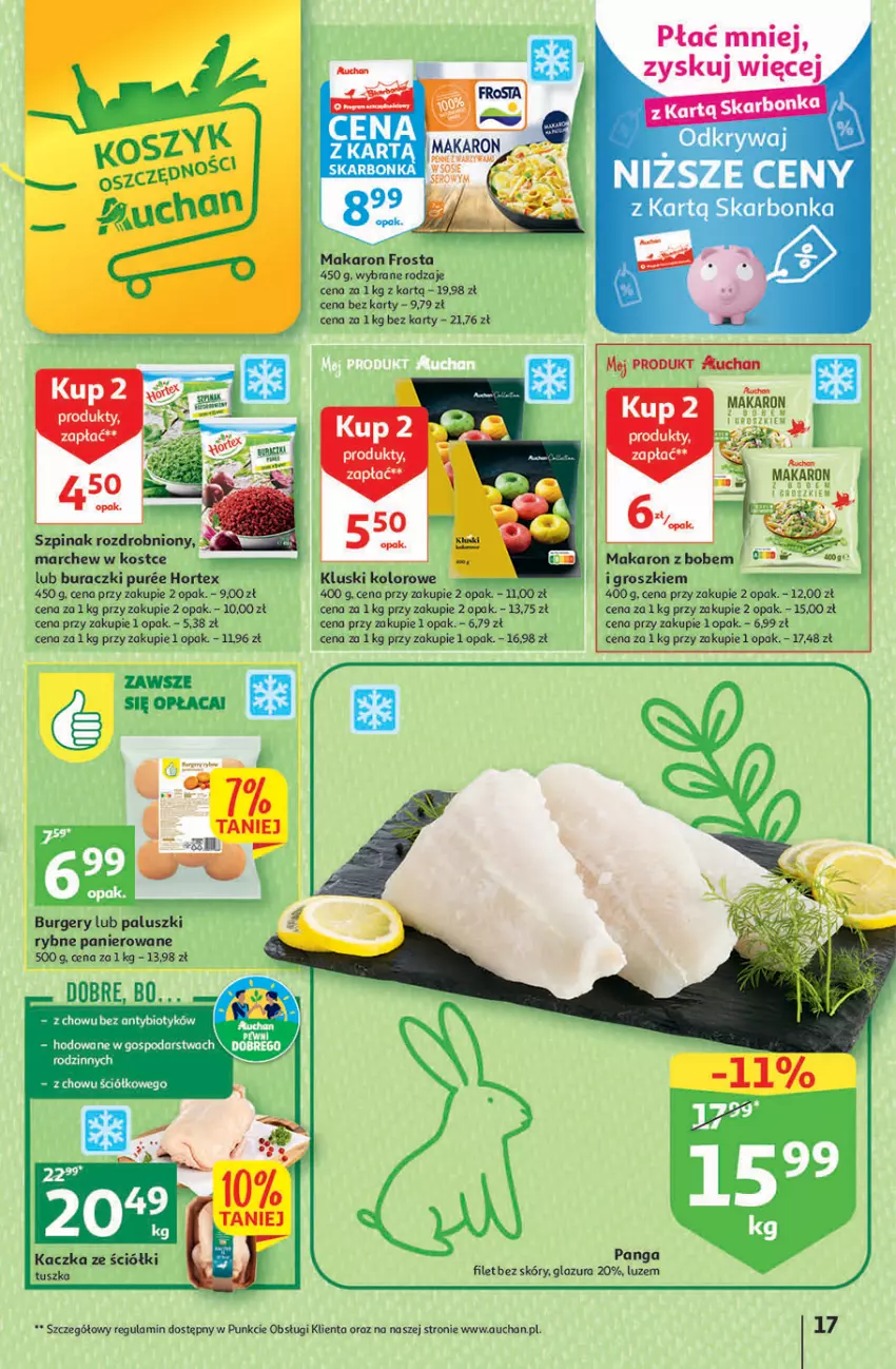 Gazetka promocyjna Auchan - Gazetka Wielkanoc w dobrym smaku Hipermarket Auchan - ważna 23.03 do 29.03.2023 - strona 17 - produkty: Buraczki, Burger, Frosta, Glazura, Hortex, Kaczka, Lazur, Makaron, Paluszki rybne, Pur, Szpinak, Tusz