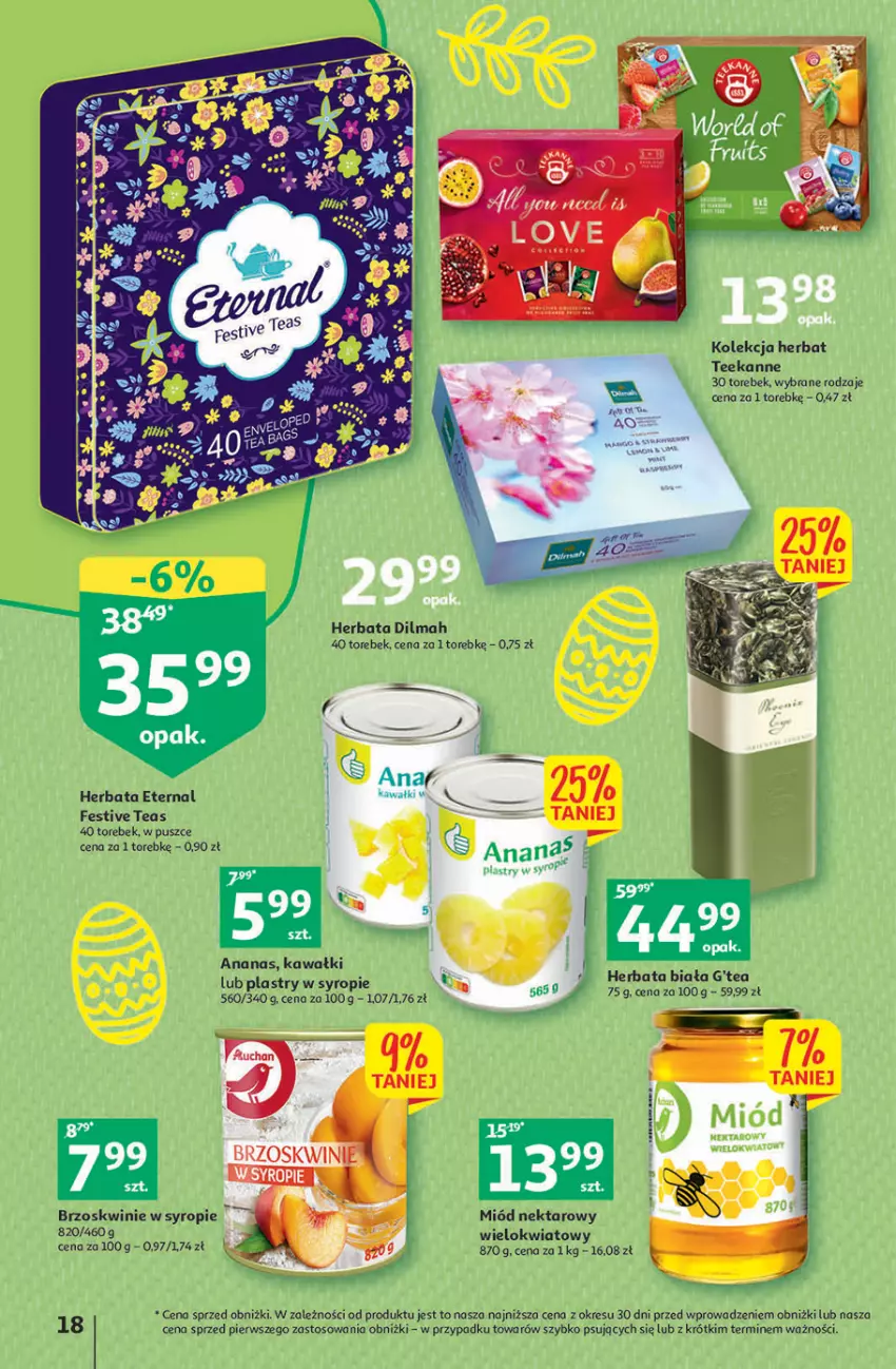 Gazetka promocyjna Auchan - Gazetka Wielkanoc w dobrym smaku Hipermarket Auchan - ważna 23.03 do 29.03.2023 - strona 18 - produkty: Ananas, Brzoskwinie, Dilmah, Herbata, Kawa, Miód, Nektar, O nas, Syrop, Teekanne