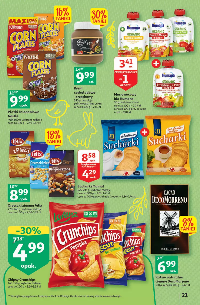 Gazetka promocyjna Auchan - Gazetka Wielkanoc w dobrym smaku Hipermarket Auchan - ważna 23.03 do 29.03.2023 - strona 21 - produkty: Chipsy, Crunchips, Danio, Felix, Gin, Humana, Kakao, Mus, Olej, Orzeszki, Orzeszki ziemne