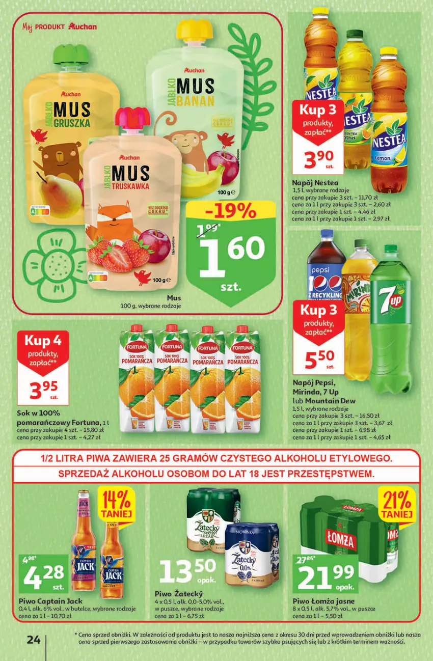 Gazetka promocyjna Auchan - Gazetka Wielkanoc w dobrym smaku Hipermarket Auchan - ważna 23.03 do 29.03.2023 - strona 24 - produkty: Captain Jack, Fortuna, Gra, Mirinda, Mus, Napój, O nas, Pepsi, Piwa, Piwo, Sok