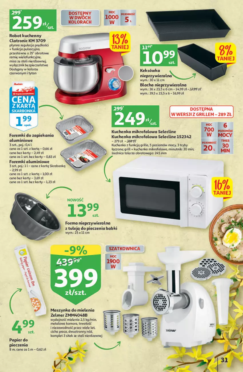 Gazetka promocyjna Auchan - Gazetka Wielkanoc w dobrym smaku Hipermarket Auchan - ważna 23.03 do 29.03.2023 - strona 31 - produkty: Clin, Fa, Foremki, Grill, Keksówka, Kuchenka mikrofalowa, Maszynka, Maszynka do mielenia, Papier, Papier do pieczenia, Piec, Robot, Szatkownica, Szynka, Talerz, Tytan, Zelmer