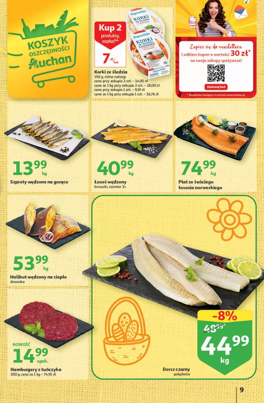 Gazetka promocyjna Auchan - Gazetka Wielkanoc w dobrym smaku Hipermarket Auchan - ważna 23.03 do 29.03.2023 - strona 9 - produkty: Burger, Dorsz, Halibut, Hamburger, Polędwica, Sos, Tuńczyk