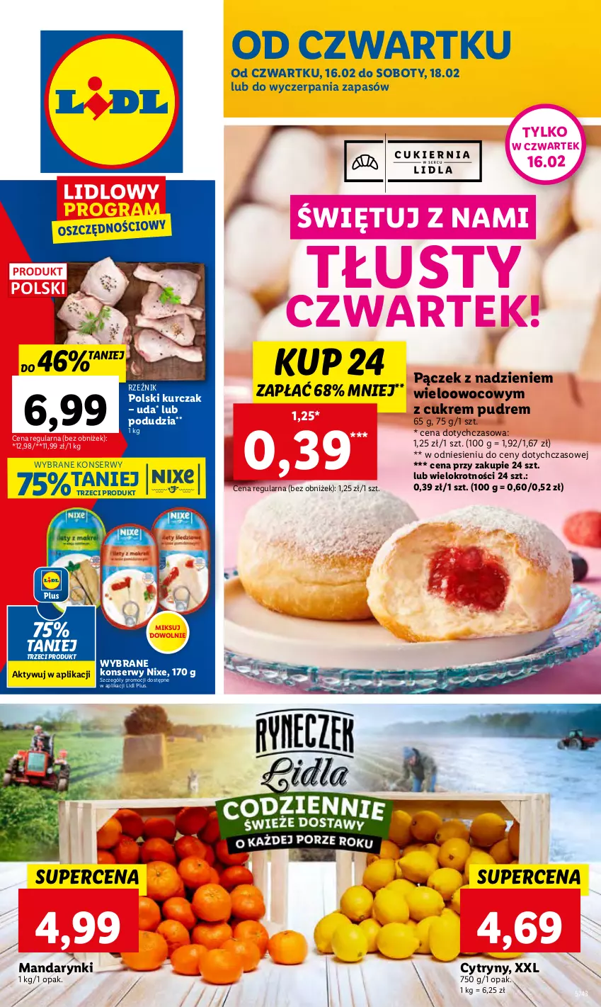 Gazetka promocyjna Lidl - GAZETKA - ważna 16.02 do 18.02.2023 - strona 1 - produkty: Cytryny, Kurczak, Mandarynki, Pączek, Ser