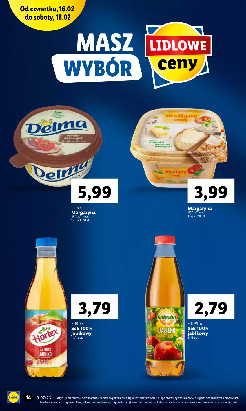 Gazetka promocyjna Lidl - GAZETKA - ważna 16.02 do 18.02.2023 - strona 14 - produkty: Delma, Hortex, Margaryna, Sok