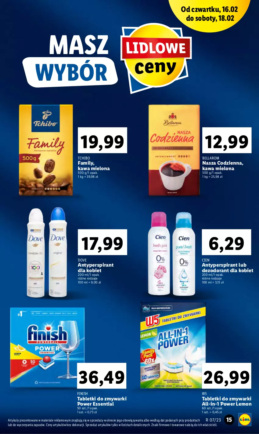 Gazetka promocyjna Lidl - GAZETKA - ważna 16.02 do 18.02.2023 - strona 15 - produkty: Antyperspirant, Bell, Bella, Dezodorant, Dove, Fa, Finish, Kawa, Kawa mielona, Tablet, Tabletki do zmywarki, Tchibo, Tchibo Family, Zmywarki