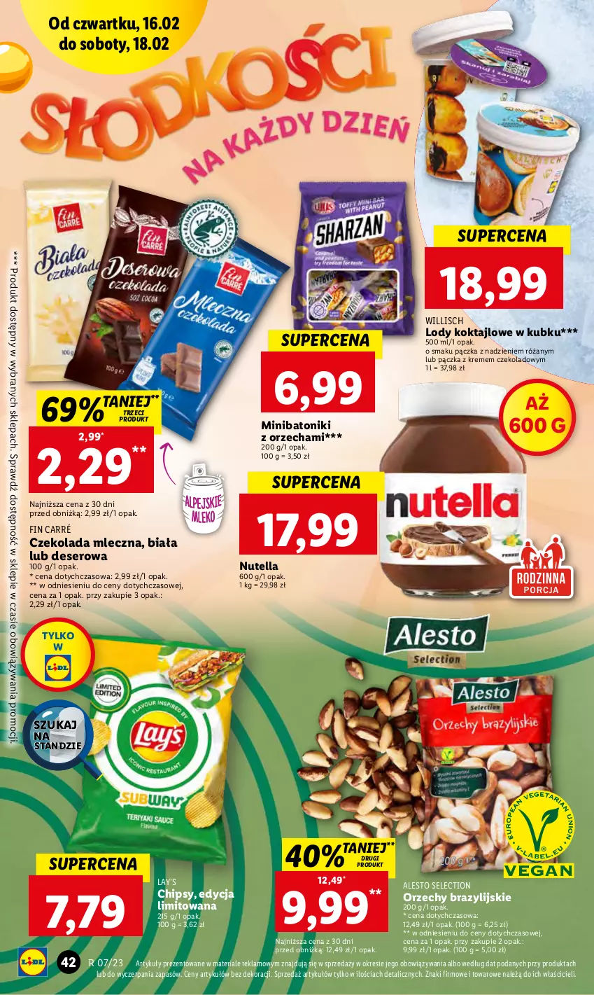 Gazetka promocyjna Lidl - GAZETKA - ważna 16.02 do 18.02.2023 - strona 42 - produkty: Baton, Chipsy, Czekolada, Czekolada mleczna, Deser, Lay’s, Lody, Nutella, Róża, Ser, Tonik