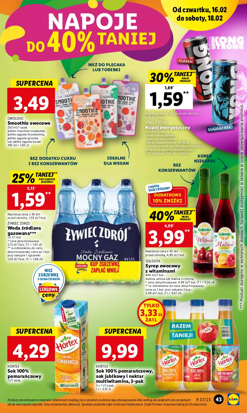 Gazetka promocyjna Lidl - GAZETKA - ważna 16.02 do 18.02.2023 - strona 43 - produkty: Hortex, LANA, Napój, Napój energetyczny, Napoje, Nektar, Plecak, Ser, Smoothie, Sok, Sok jabłkowy, Syrop, Woda