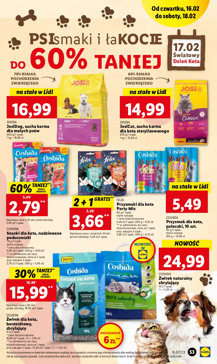 Gazetka promocyjna Lidl - GAZETKA - ważna 16.02 do 18.02.2023 - strona 55 - produkty: Felix, Gra, Josera, Koc, Przysmak dla kota, Przysmaki, Ser, Sucha karma