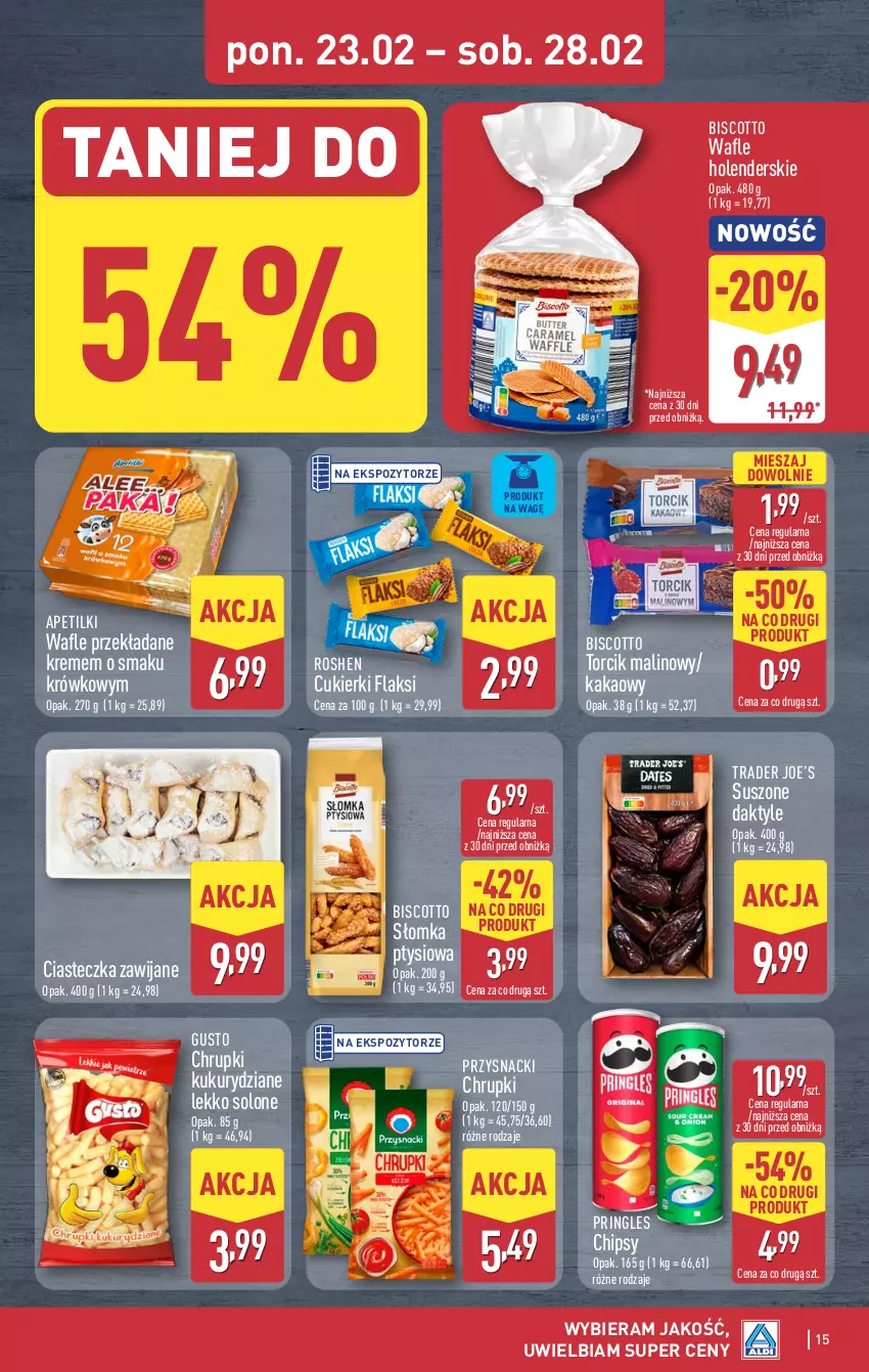 Gazetka promocyjna Aldi - Pełna oferta - ważna 23.02 do 28.02.2026 - strona 15 - produkty: Chipsy, Chrupki, Cukier, Cukierki, Daktyle, Kakao, Pringles, Przysnacki, Wafle