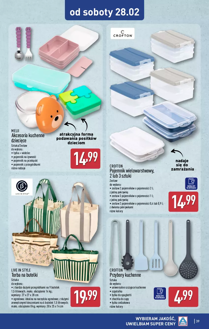 Gazetka promocyjna Aldi - Pełna oferta - ważna 23.02 do 28.02.2026 - strona 39 - produkty: Cedzak, Dzieci, Pojemnik, Przybory kuchenne, Spaghetti, Szczypce, Szpatułka, Torba, Widelec