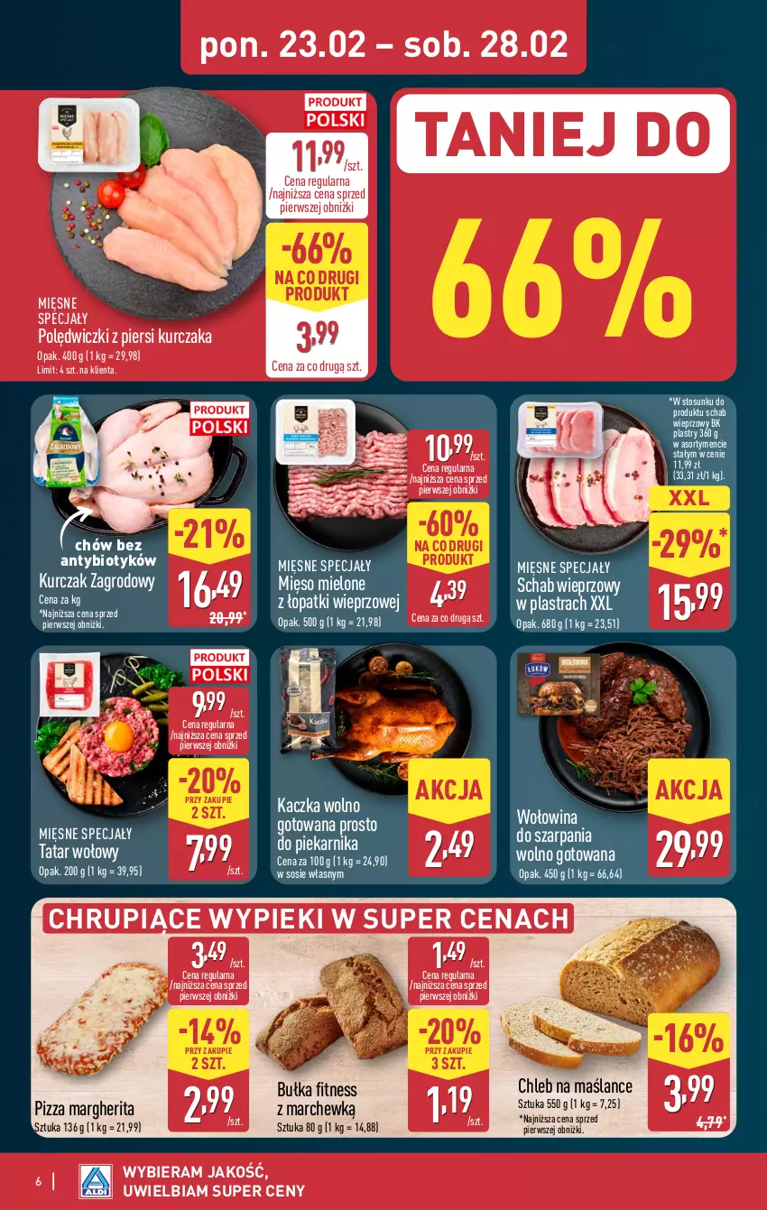 Gazetka promocyjna Aldi - Pełna oferta - ważna 23.02 do 28.02.2026 - strona 6 - produkty: Bułka, Bułka fitness, Chleb, Kaczka, Kurczak, Mięsne specjały, Mięso, Mięso mielone, Mięso mielone z łopatki wieprzowej, Piekarnik, Pizza, Pizza margherita, Schab wieprzowy, Sos, Tatar wołowy, Wołowina