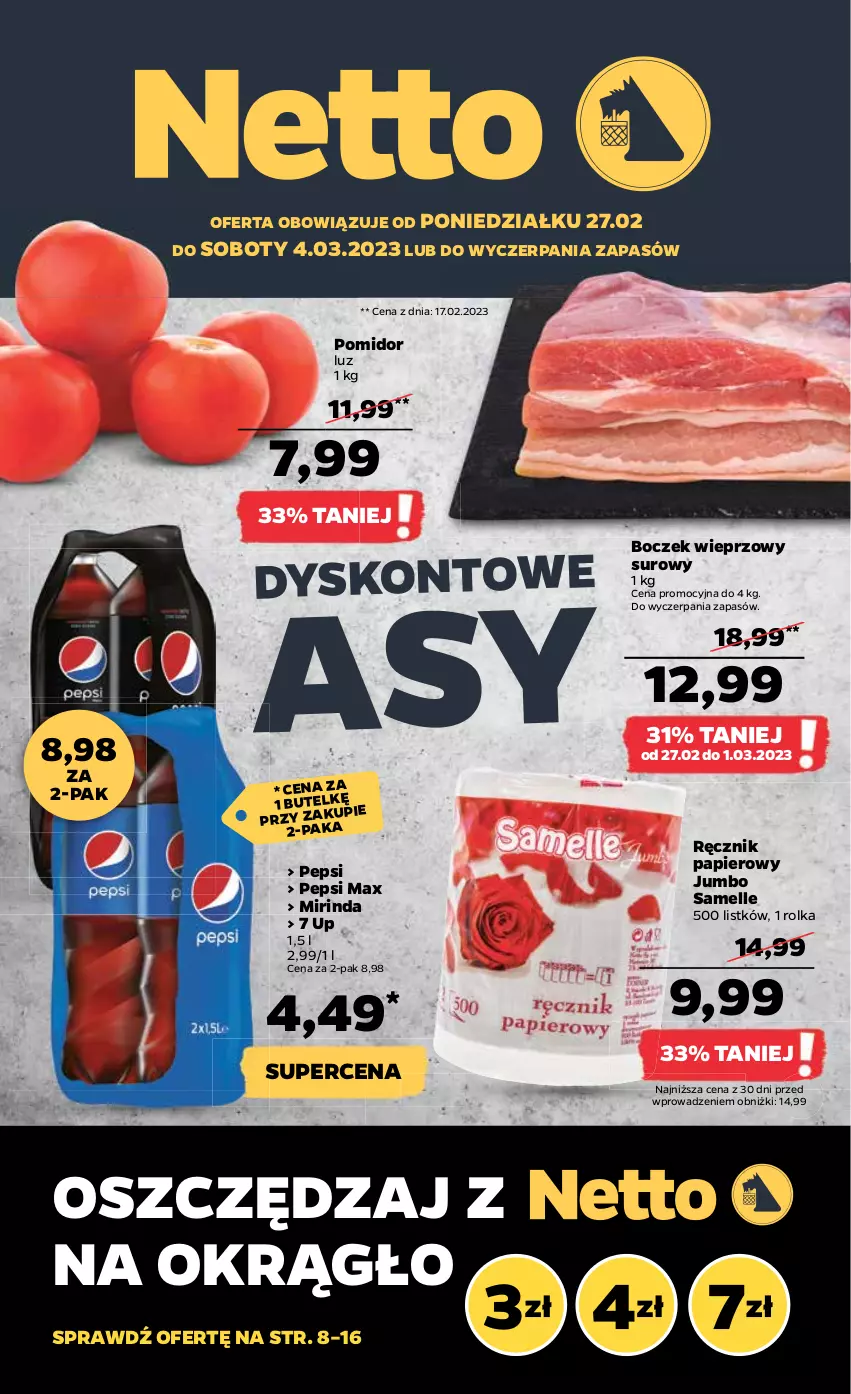 Gazetka promocyjna Netto - Artykuły spożywcze - ważna 27.02 do 04.03.2023 - strona 1 - produkty: Boczek, Boczek wieprzowy, Mirinda, Papier, Pepsi, Pepsi max, Ręcznik