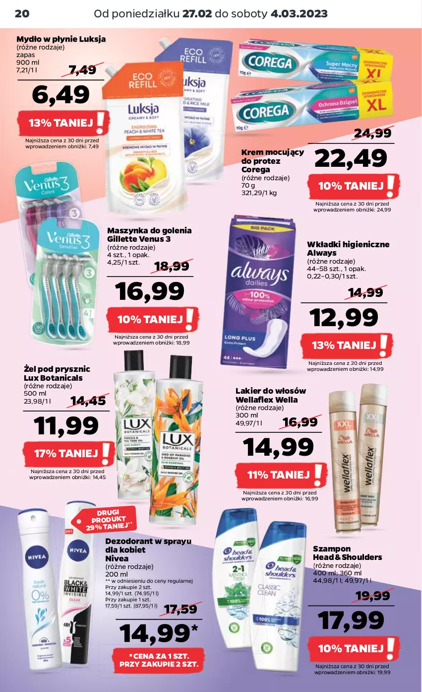 Gazetka promocyjna Netto - Artykuły spożywcze - ważna 27.02 do 04.03.2023 - strona 20 - produkty: Always, Corega, Dezodorant, Gillette, Gillette Venus, Lakier, Lakier do włosów, Luksja, Maszynka, Maszynka do golenia, Mydło, Mydło w płynie, Nivea, Szampon, Szynka, Venus, Wella, Wellaflex, Wkładki